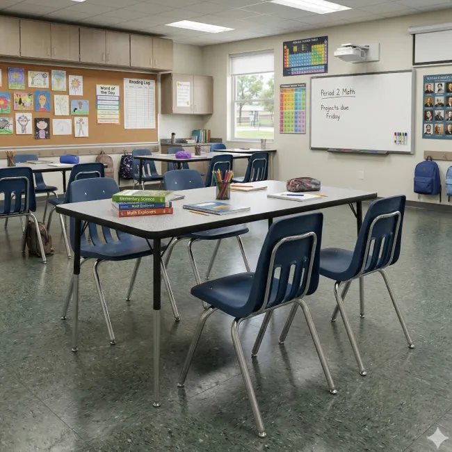 Virco Activity Table and Chair Package - 4000 Series Activity Table (60"x30" Rectangle) & Four 9000 Series Stack Chairs (18'' H - 5th-Adult)^ Activity Tables & Chairs|Activity Table & Chair Packages