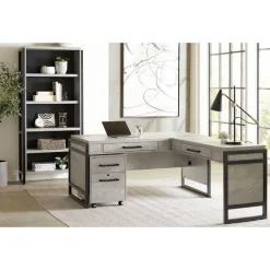 OfficeSource Artisan Collection L-Shaped Executive Office Desk with Bookcase^ Office Suites