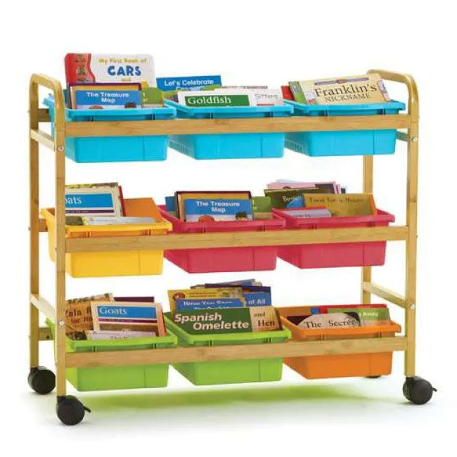 Copernicus Bamboo Book Browser Cart w/ 9 Open Storage Bins^ Tote & Bin Storage|Book Carts