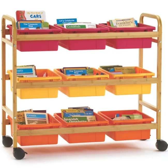 Copernicus Bamboo Book Browser Cart w/ 9 Open Storage Bins^ Tote & Bin Storage|Book Carts