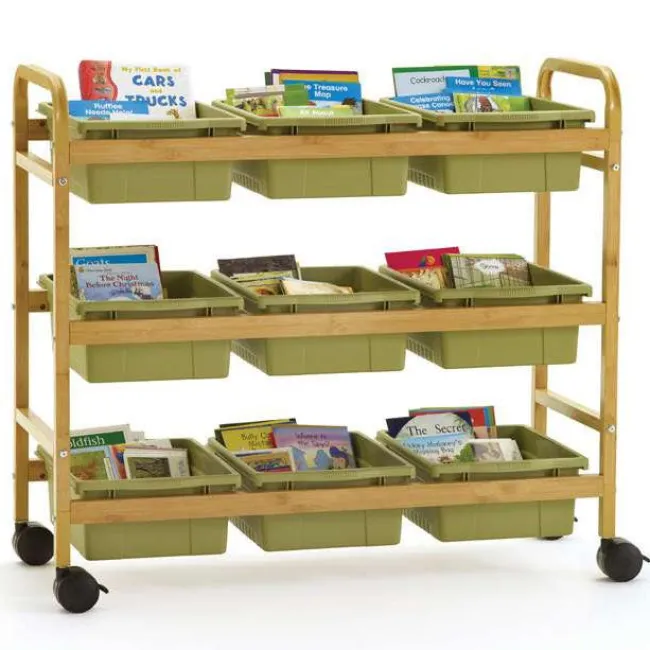 Copernicus Bamboo Book Browser Cart w/ 9 Open Storage Bins^ Tote & Bin Storage|Book Carts