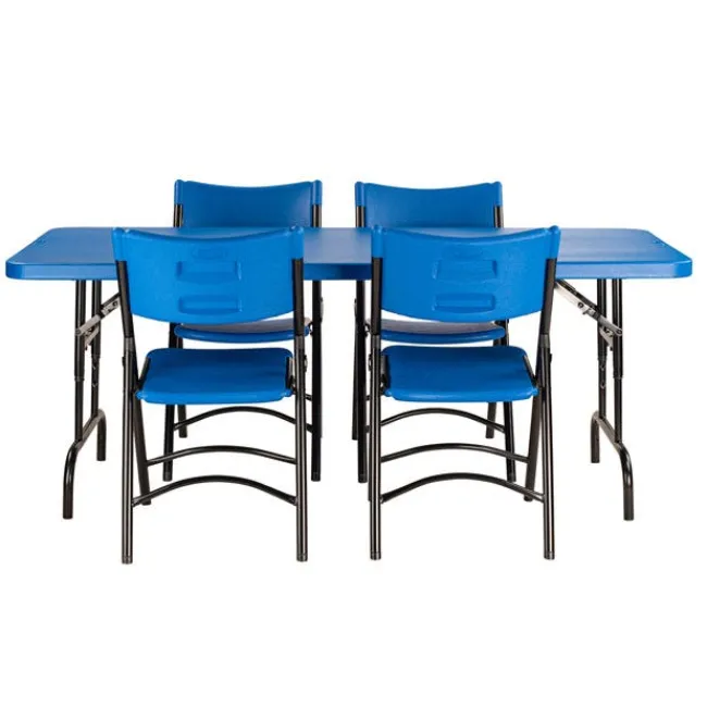 National Public Seating Blue Plastic Folding Table & Chair Set- 30'' x 72'' Rectangle Folding Table with 4 Blue Folding Chairs^ Folding Chairs|Folding Tables & Chairs
