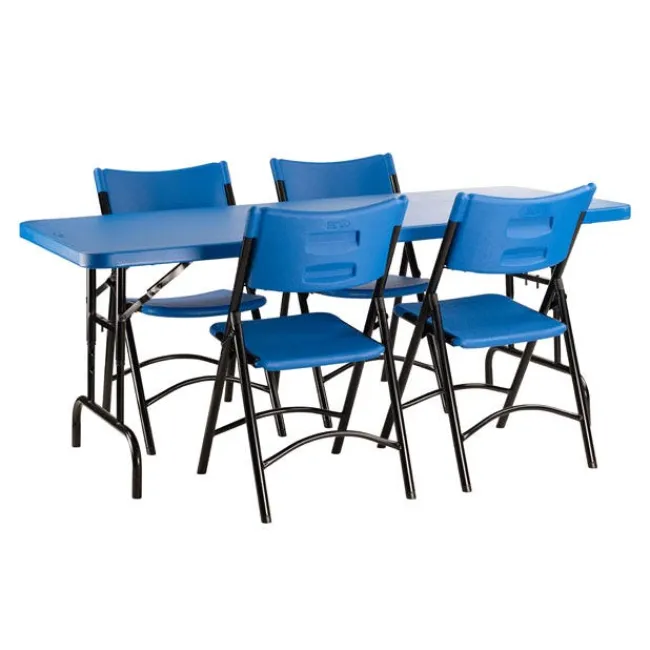 National Public Seating Blue Plastic Folding Table & Chair Set- 30'' x 72'' Rectangle Folding Table with 4 Blue Folding Chairs^ Folding Chairs|Folding Tables & Chairs