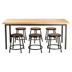 National Public Seating Butcher Block Height Adjustable Table (30'' x 72'') with 6 Black Frame Stools^ Activity Table & Chair Packages|Makerspace & Shop
