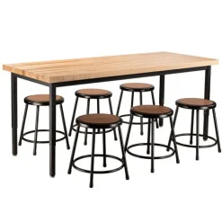 National Public Seating Butcher Block Height Adjustable Table (30'' x 72'') with 6 Black Frame Stools^ Activity Table & Chair Packages|Makerspace & Shop