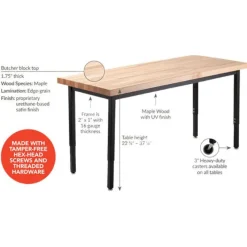National Public Seating Butcher Block Height Adjustable Table (30'' x 72'') with 6 Black Frame Stools^ Activity Table & Chair Packages|Makerspace & Shop