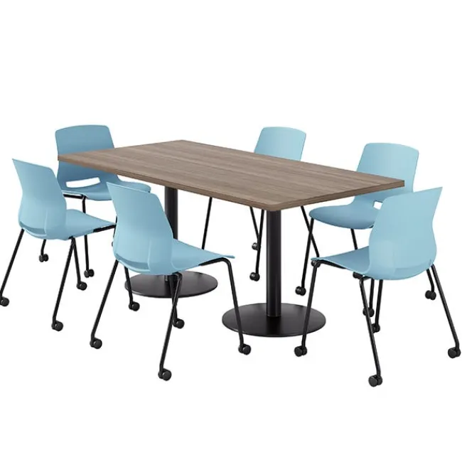 KFI Seating Cafe Table with Six Lola Armless Chairs w/ Casters- 36'' X 72'' Rectangle^ Cafe Table & Chair Sets|Cafe Tables