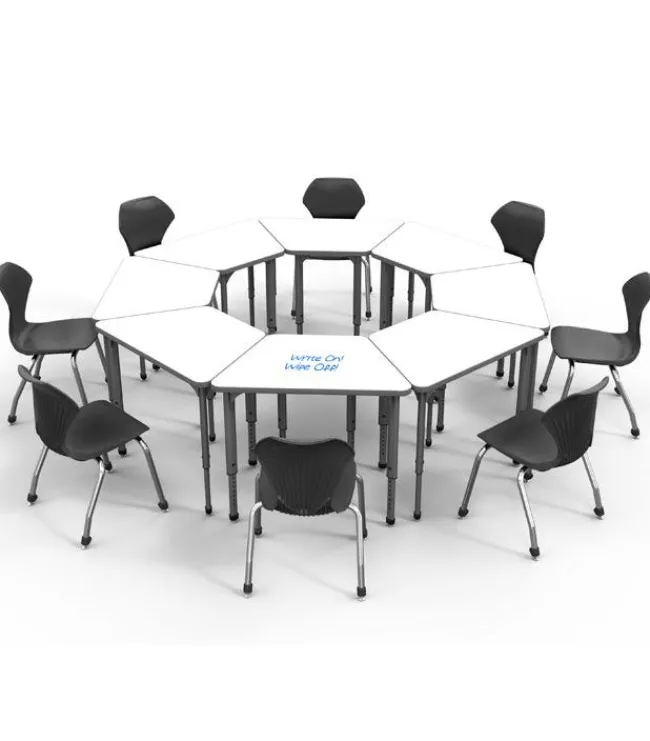 Marco Group Classroom Set - 8 Apex Stack Chairs (18'' H - 5th-Adult) & 8 Trapezoid Dry Erase Student Apex Desks^ Dry Erase Desks