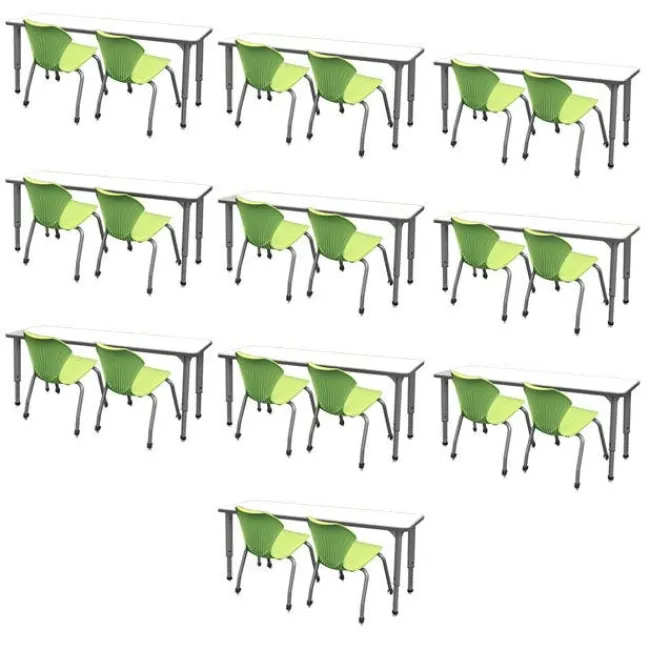 Marco Group Classroom Set- 20 Apex Stack Chairs (18'' - 5th-Adult) & 10 Double Dry Erase Desks (60'' x 20'')^ Two Student Desks|Activity Tables & Chairs