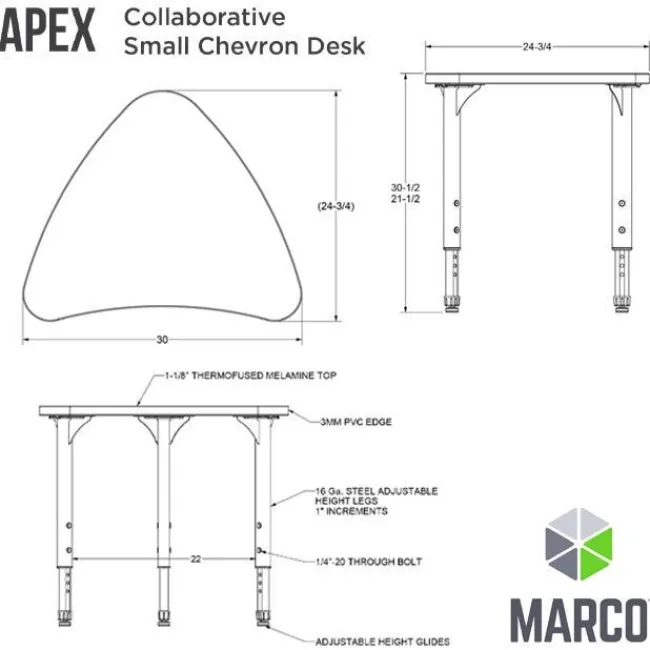 Marco Group Classroom Set - 6 Chevron Dry Erase Apex Desks & 6 Apex Stack Chairs (18'' 5th-Adult)^ Desk & Chair Packages|Dry Erase Desks