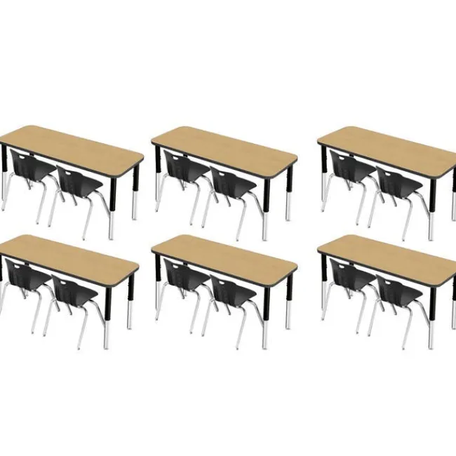 Tesco Classroom Set - 6 Two-Student Rectangle Synergy Desks with 12 Stack Chairs^ Desk & Chair Packages|Classroom Desks & Chairs