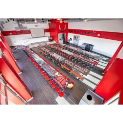 AmTab Customizable Mobile Bench Cafeteria Table (8' L)^ New- Custom Logo Cafeteria Tables