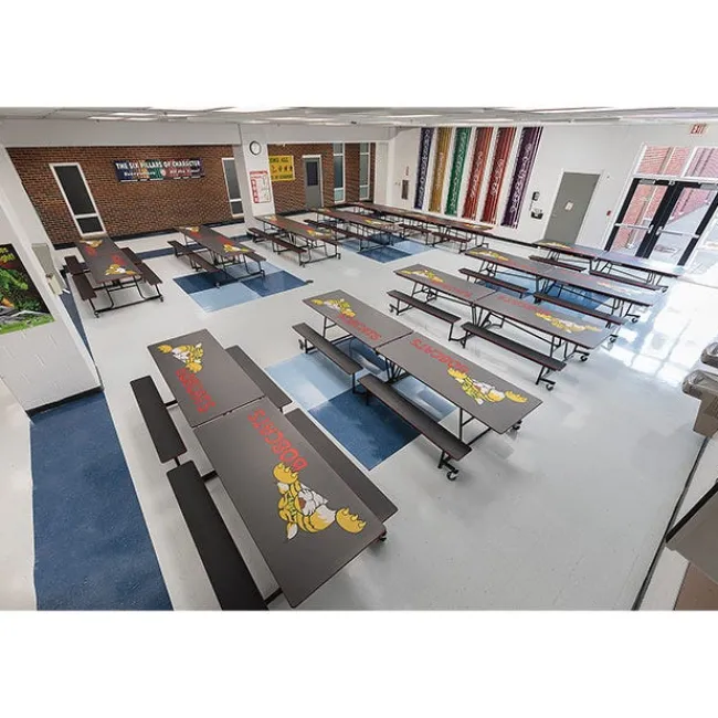 AmTab Customizable Mobile Bench Cafeteria Table (8' L)^ New- Custom Logo Cafeteria Tables
