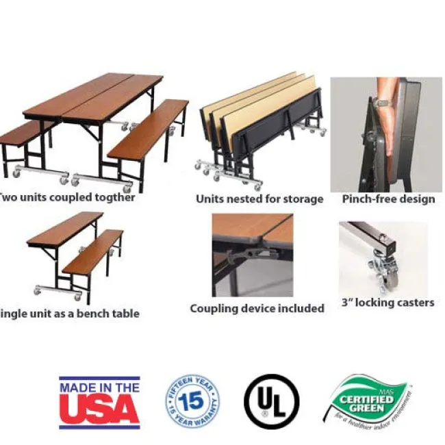 AmTab Customizable Mobile Cafeteria Convertible Bench Table - (7' L)^ New- Custom Logo Cafeteria Tables