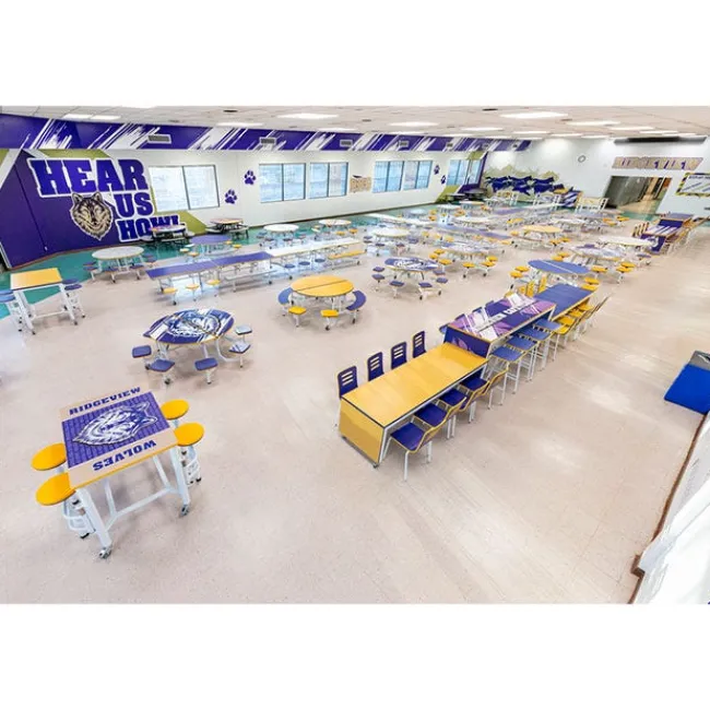 AmTab Customizable Mobile Cafeteria Table with Stools (60" Round)^ New- Custom Logo Cafeteria Tables
