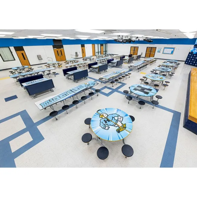 AmTab Customizable Mobile Cafeteria Table with Stools (60" Round)^ New- Custom Logo Cafeteria Tables