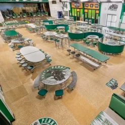 AmTab Customizable Mobile Elliptical Cafeteria Table with Stools^ New- Custom Logo Cafeteria Tables