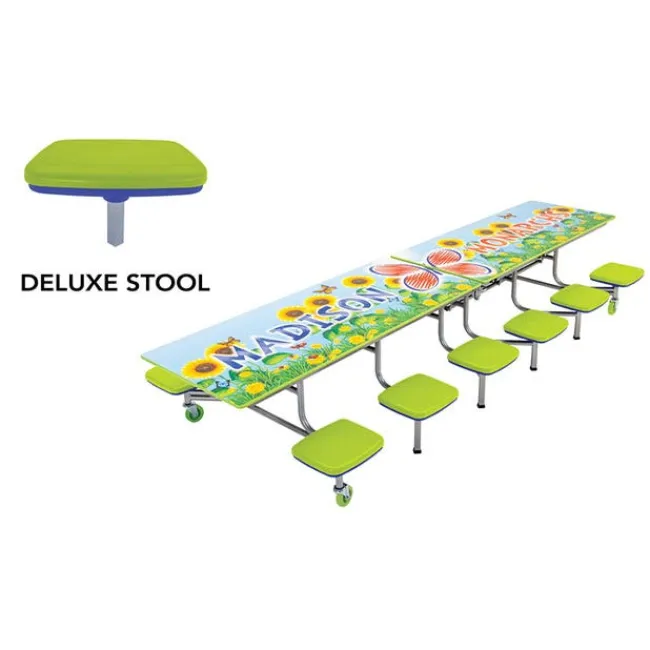 AmTab Customizable Mobile Stool Cafeteria Table - 12 Stools (10' L)^ New- Custom Logo Cafeteria Tables