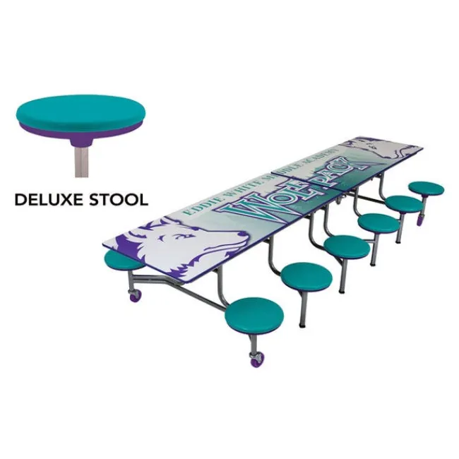 AmTab Customizable Mobile Stool Cafeteria Table - 12 Stools (10' L)^ New- Custom Logo Cafeteria Tables