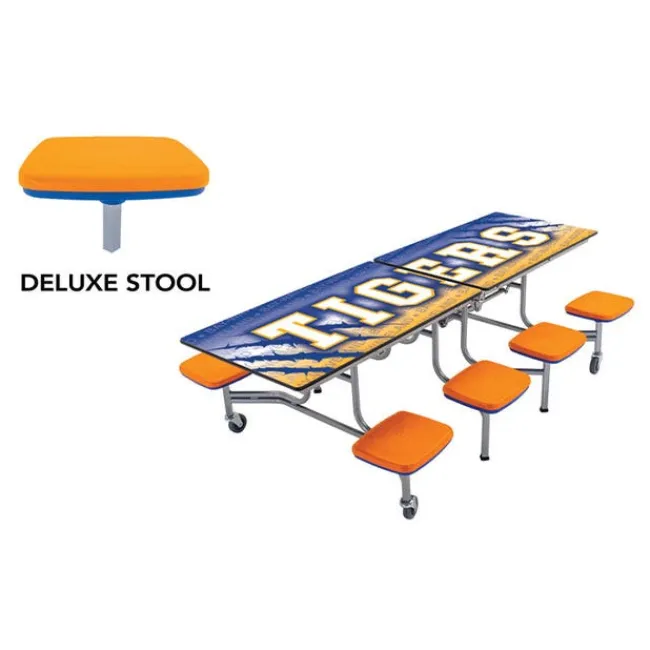 AmTab Customizable Mobile Stool Cafeteria Table - 8 Stools (8' L)^ New- Custom Logo Cafeteria Tables
