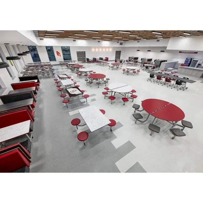 AmTab Customizable Mobile Stool Cafeteria Table - 4 Stools (4' L)^ New- Custom Logo Cafeteria Tables