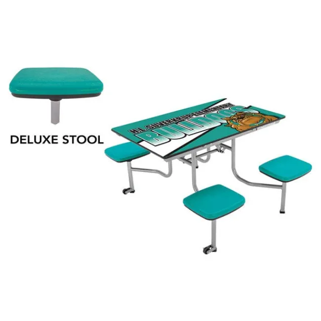 AmTab Customizable Mobile Stool Cafeteria Table - 4 Stools (4' L)^ New- Custom Logo Cafeteria Tables