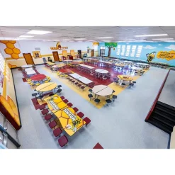AmTab Customizable Ocean Wave Top Mobile Stool Cafeteria Table - 12 Stools (12' L)^ New- Custom Logo Cafeteria Tables