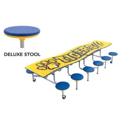 AmTab Customizable Ocean Wave Top Mobile Stool Cafeteria Table - 12 Stools (12' L)^ New- Custom Logo Cafeteria Tables