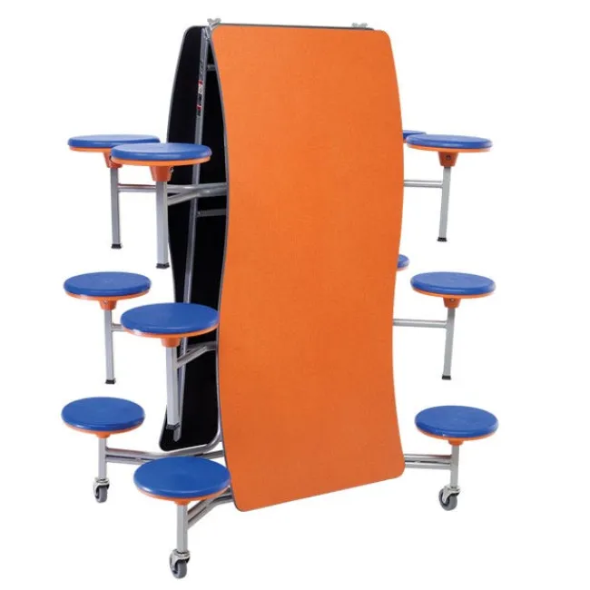 AmTab Customizable Ocean Wave Top Mobile Stool Cafeteria Table - 12 Stools (10' L)^ New- Custom Logo Cafeteria Tables