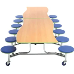 AmTab Customizable Ocean Wave Top Mobile Stool Cafeteria Table - 12 Stools (10' L)^ New- Custom Logo Cafeteria Tables