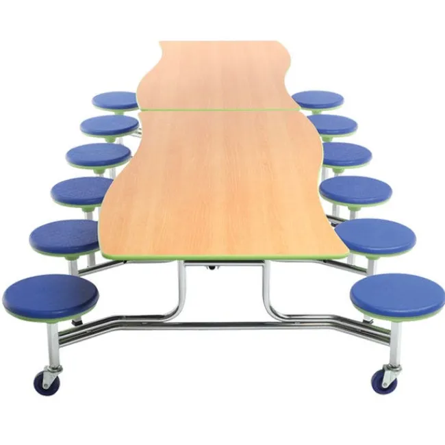 AmTab Customizable Ocean Wave Top Mobile Stool Cafeteria Table - 12 Stools (10' L)^ New- Custom Logo Cafeteria Tables