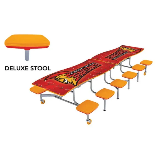 AmTab Customizable Ocean Wave Top Mobile Stool Cafeteria Table - 12 Stools (10' L)^ New- Custom Logo Cafeteria Tables