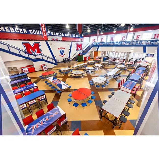 AmTab Customizable Ocean Wave Top Mobile Stool Cafeteria Table - 12 Stools (10' L)^ New- Custom Logo Cafeteria Tables