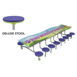 AmTab Customizable Ocean Wave Top Mobile Stool Cafeteria Table - 16 Stools (12' L)^ New- Custom Logo Cafeteria Tables