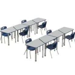 Correll Deluxe HPL Height Adjustable Collaborative Desk Package w/ 8 Trapezoid Desks & 8 Chairs^ Desk & Chair Packages|Classroom Desks & Chairs