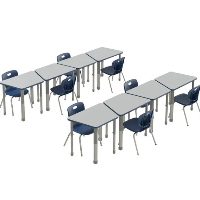 Correll Deluxe HPL Height Adjustable Collaborative Desk Package w/ 8 Trapezoid Desks & 8 Chairs^ Desk & Chair Packages|Classroom Desks & Chairs