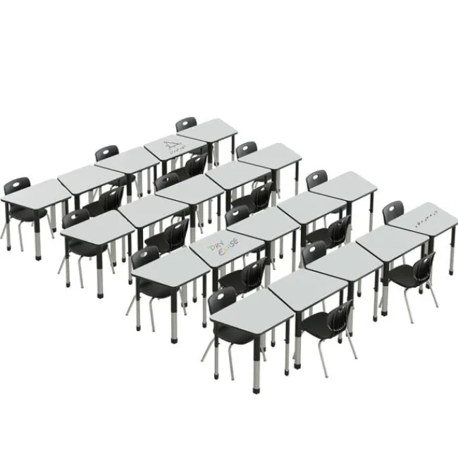 Correll Dry Erase Deluxe HPL Height Adjustable Collaborative Desk Package w/ 20 Trapezoid Desks & 20 Chairs^ Desk & Chair Packages|Classroom Desks & Chairs