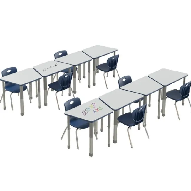 Correll Dry Erase Deluxe HPL Height Adjustable Collaborative Desk Package w/ 8 Trapezoid Desks & 8 Chairs^ Desk & Chair Packages|Classroom Desks & Chairs