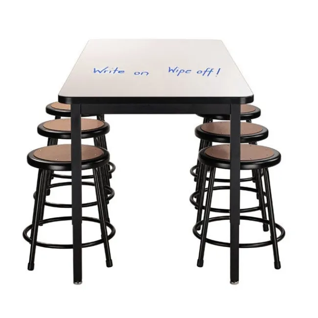 National Public Seating Dry Erase Height Adjustable Table (30'' x 72'') with 6 Black Frame Stools^ Dry Erase|Activity Table & Chair Packages