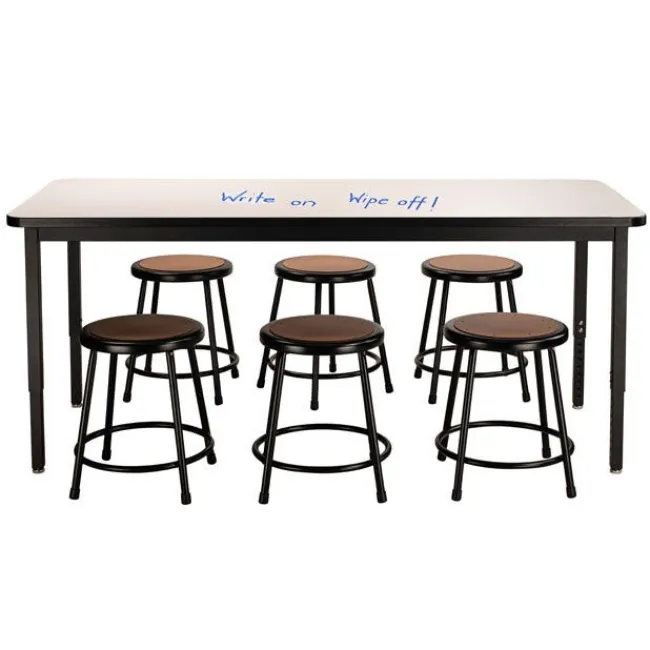 National Public Seating Dry Erase Height Adjustable Table (30'' x 72'') with 6 Black Frame Stools^ Dry Erase|Activity Table & Chair Packages