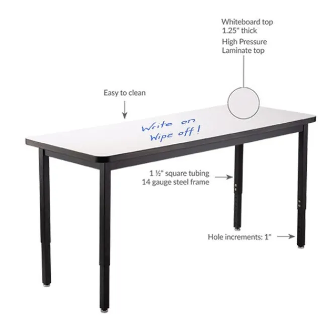 National Public Seating Dry Erase Height Adjustable Table (30'' x 72'') with 6 Black Frame Stools^ Dry Erase|Activity Table & Chair Packages