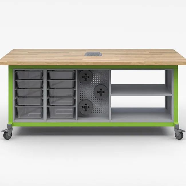 Haskell Explorer Dual 10-Bin Open Storage Cabinet with Peg Board Maker Table With Power Module^ Makerspace & Shop