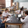 Diversified Spaces Hardwood Science Lab Table - ChemGuard 60'' x 24'' x 30'' Trapezoid (Oak)^ Science|Science Tables