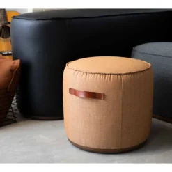 Community Indie Large Oval Pouf w/ Leather Handles - 16-1/2" H^ Soft Seating