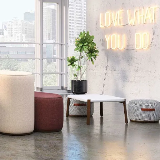 Community Indie Small Round Pouf w/ Leather Handles - 12" H^ Soft Seating