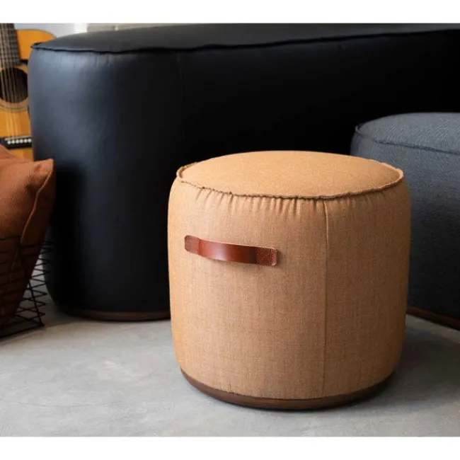 Community Indie Small Round Pouf w/ Leather Handles - 12" H^ Soft Seating