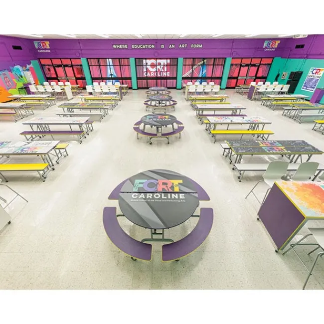 AmTab Mobile Round Cafeteria Tables with Benches^ Cafeteria|Cafeteria Tables