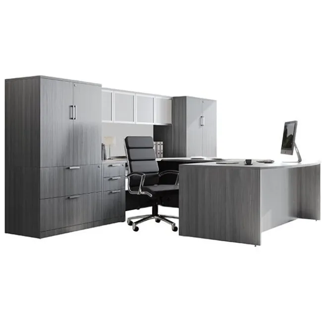 OfficeSource OS Laminate Bow Front Executive Desk w/ Deluxe Full Pedestal & Wall Storage Unit^ Office Suites