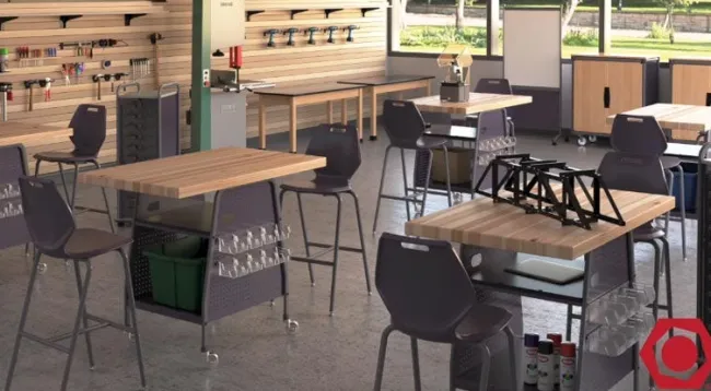 Paragon Package Set - Maker Invent 39"H Butcher Block Table & 4 Emoji Lab Stools^ Makerspace & Shop|Makerspace Stem Packages