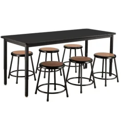 National Public Seating Phenolic Height Adjustable Table (30'' x 72'') with 6 Black Frame Stools^ Activity Table & Chair Packages|Makerspace & Shop